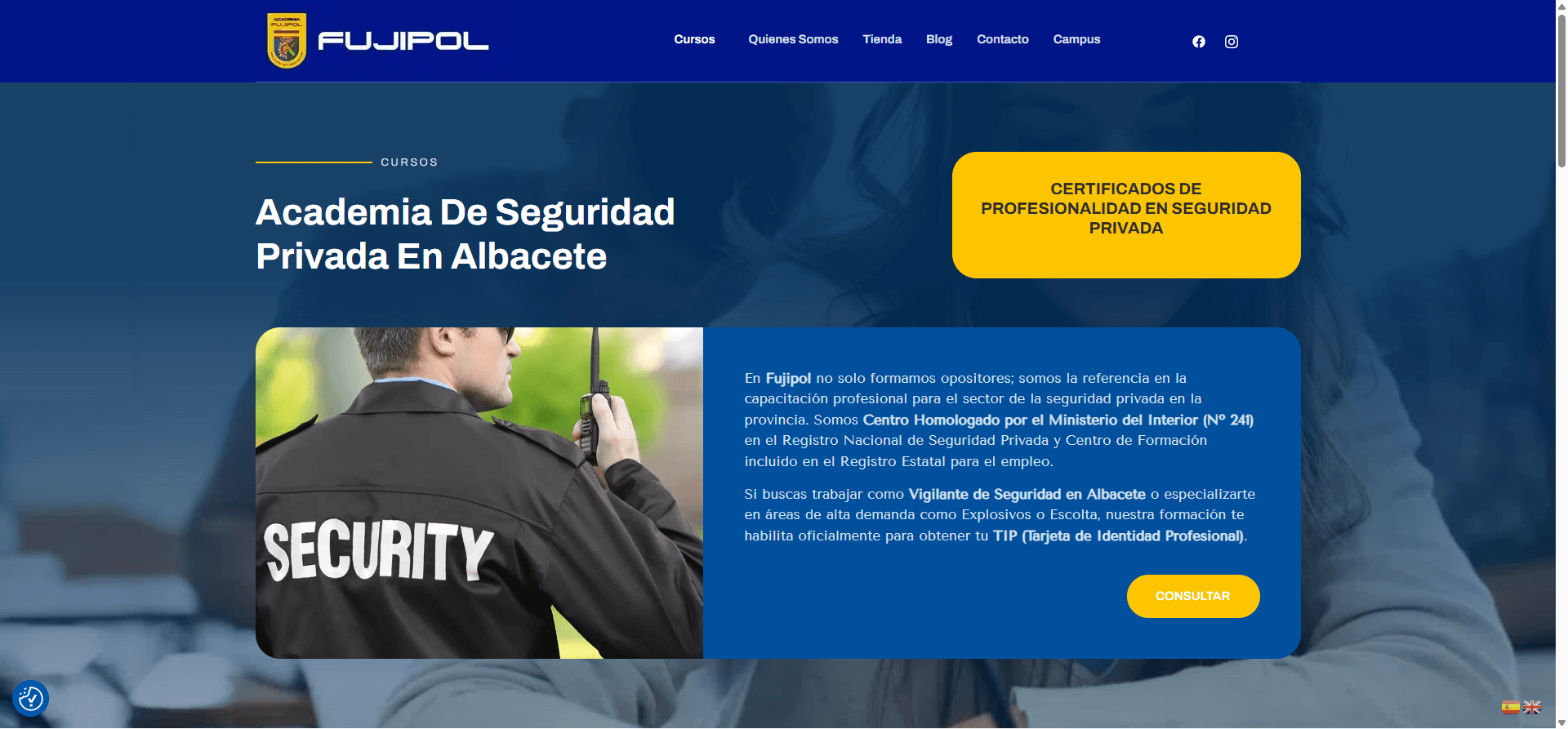 Página principal de cursos de seguridad privada con hero y certificaciones