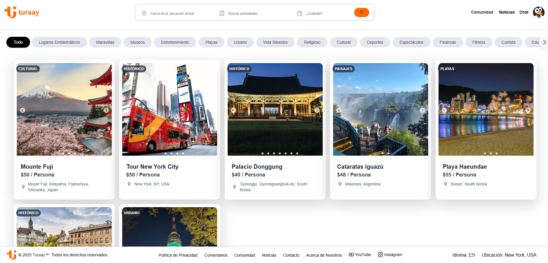 Plataforma principal de Turaay con experiencias turísticas