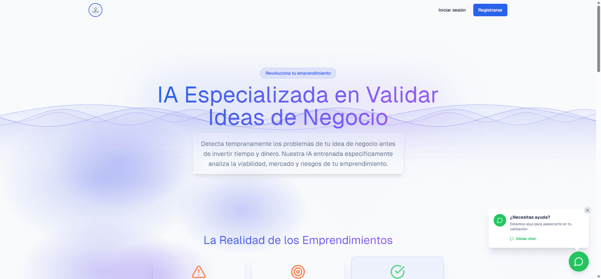 Página principal de Valida Tu Idea con hero y propuesta de valor